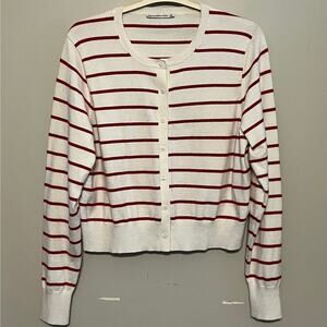 A&F LuxeLoft Shrunken Crew Button Down Cardigan Red White Stripe NWOT